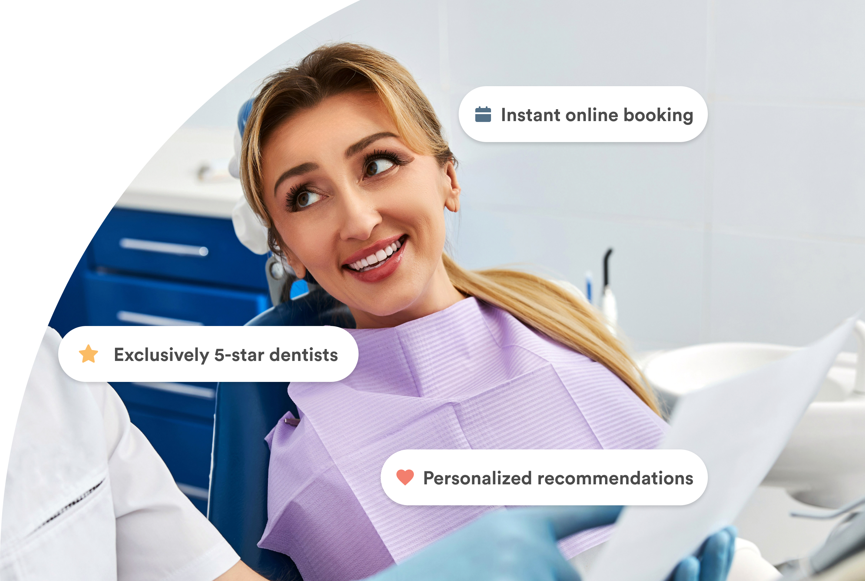 Woman in dentist chair smiling.